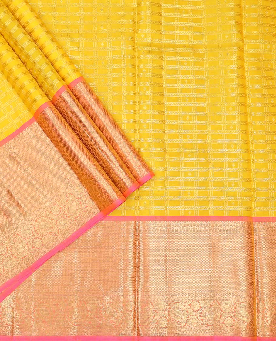Yellow checked pure silk half saree with contrast zari design border, zari design blouse & floral zari design dhavani