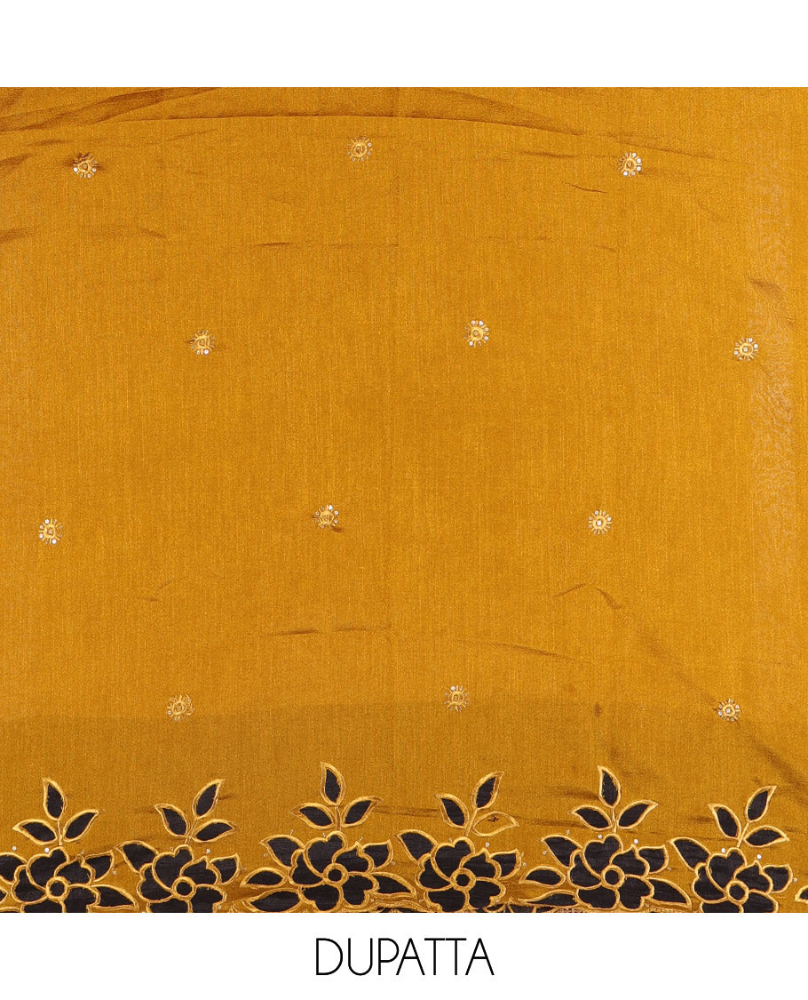 Yellow material chudidar set, sequins work with floral Aplic embroidered Vichitra silk top, matching bottom, and an embroidered dupatta