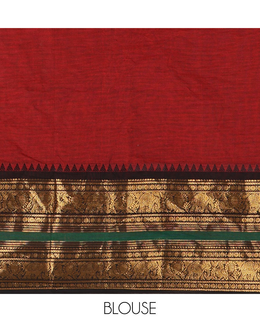 Maroon-black sungudi cotton half-saree, plain with contrast traditional zari varisai pettu bordered skirt, a matching blouse, and a zari bordered dhavani