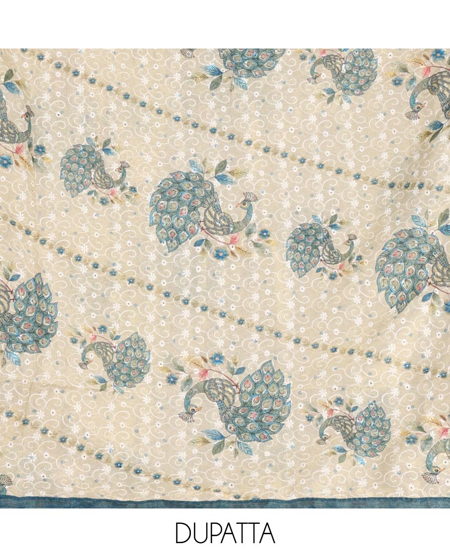 Green tissue material chudidar set, peacock printed with neck patch embroidered top, plain bottom, dupatta of peacock print, and cut work