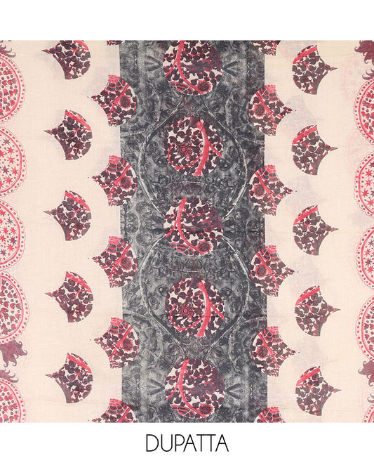 Dark grey pure cotton material chudidar set, floral print with French knot and bead work top, plain cotton bottom, and floral-geometric printed dupatta