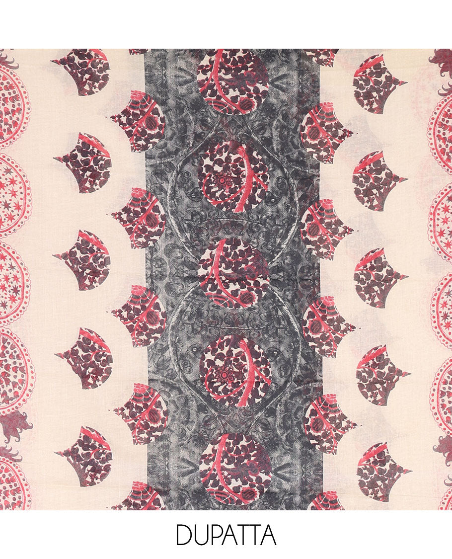 Dark grey pure cotton material chudidar set, floral print with French knot and bead work top, plain cotton bottom, and floral-geometric printed dupatta