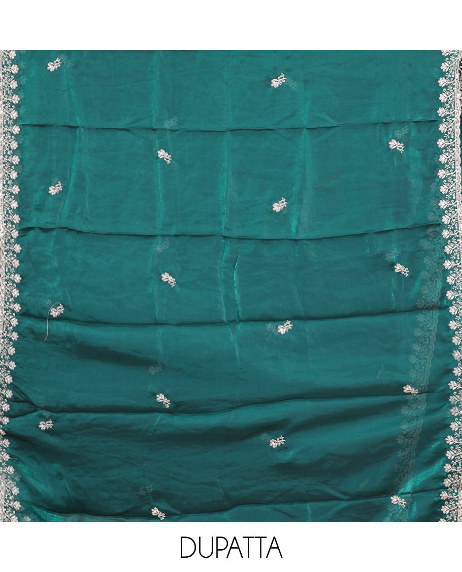 Peacock Green Fendi Organza Material Churidar Features Embroidered Top, a Santoon Bottom, a Scallop Embroidered Dupatta