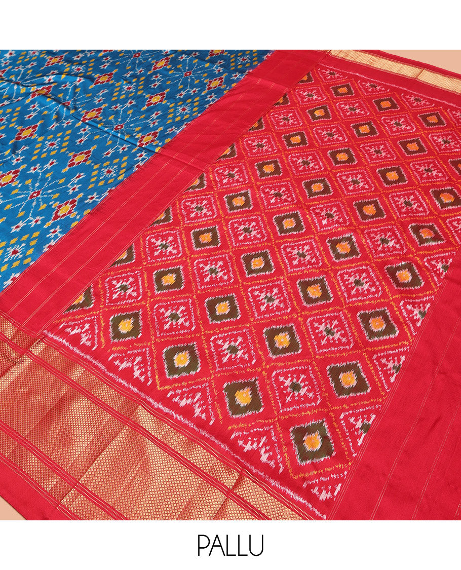 Blue Pochampally Ikat Silk Saree, Adorned with Ikat Patterns on Its Body, Complemented by a Contrast Temple Traditional Woven Border, Pallu of Jaal Ikkat Weave, and Paired with a Contrast Blouse