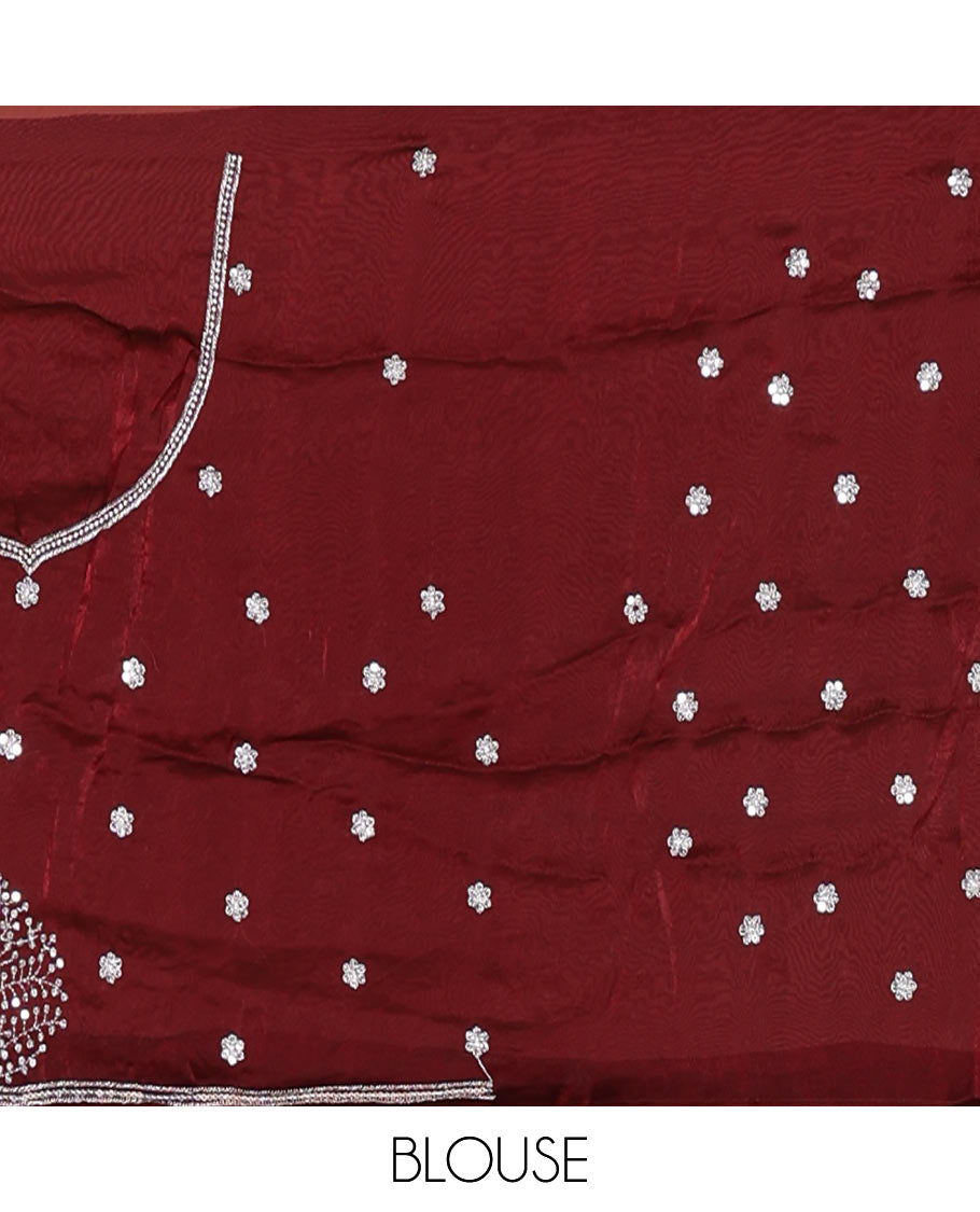 Wine half-saree, buttas, tree, and peacock motifs embroidered semi-taffeta silk top, matching blouse, and contrast scallop embroidered dhavani