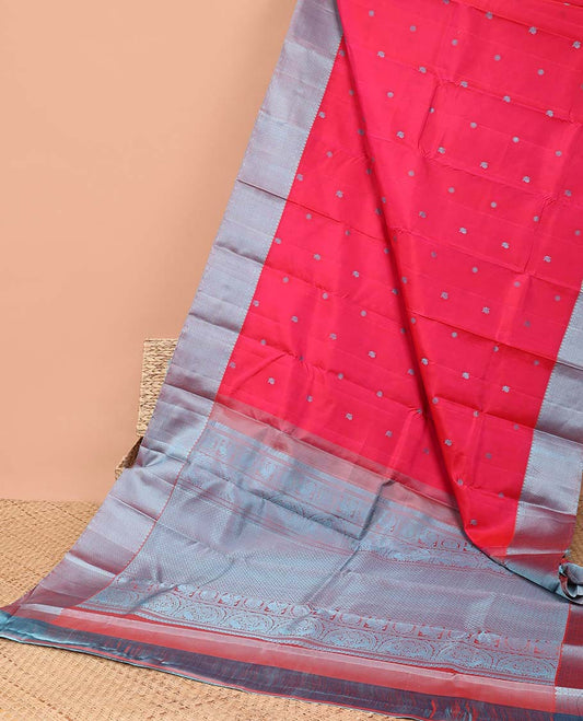 Pink buttas kancheepuram silk saree with contrast border of thilakam mokku, paun, kuyil kann design & zari design pallu