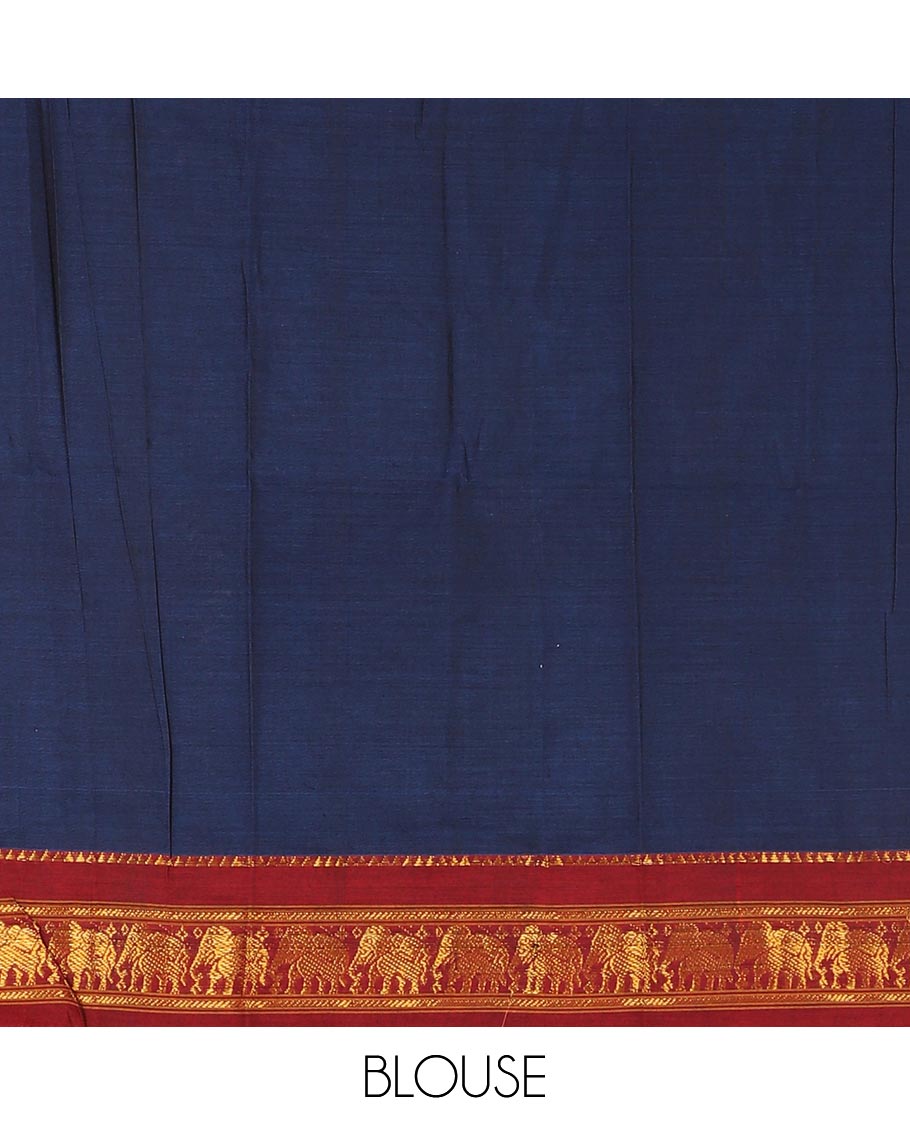 Navy blue mercedised cotton half-saree, plain contrast elephant zari border skirt, matching blouse & contrast maroon zari elephant border dhavani