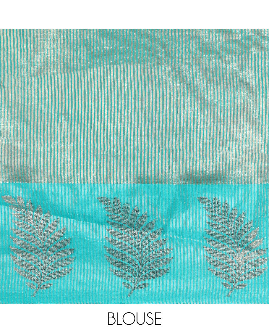 Rama color gold zari lines banarasi cotton saree with gold zari leaf designb order & cheer pallu along with striped blouse