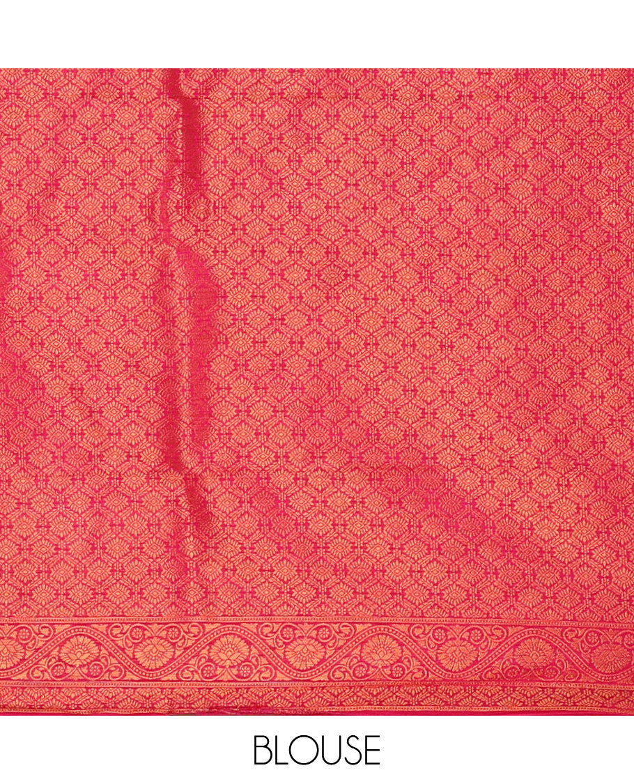 Cream georgette crepe halfsaree,zari buttas & traditional Swarovski stonework rani-pink border skirt, jacquard blouse & banarasi jacquard dhavani