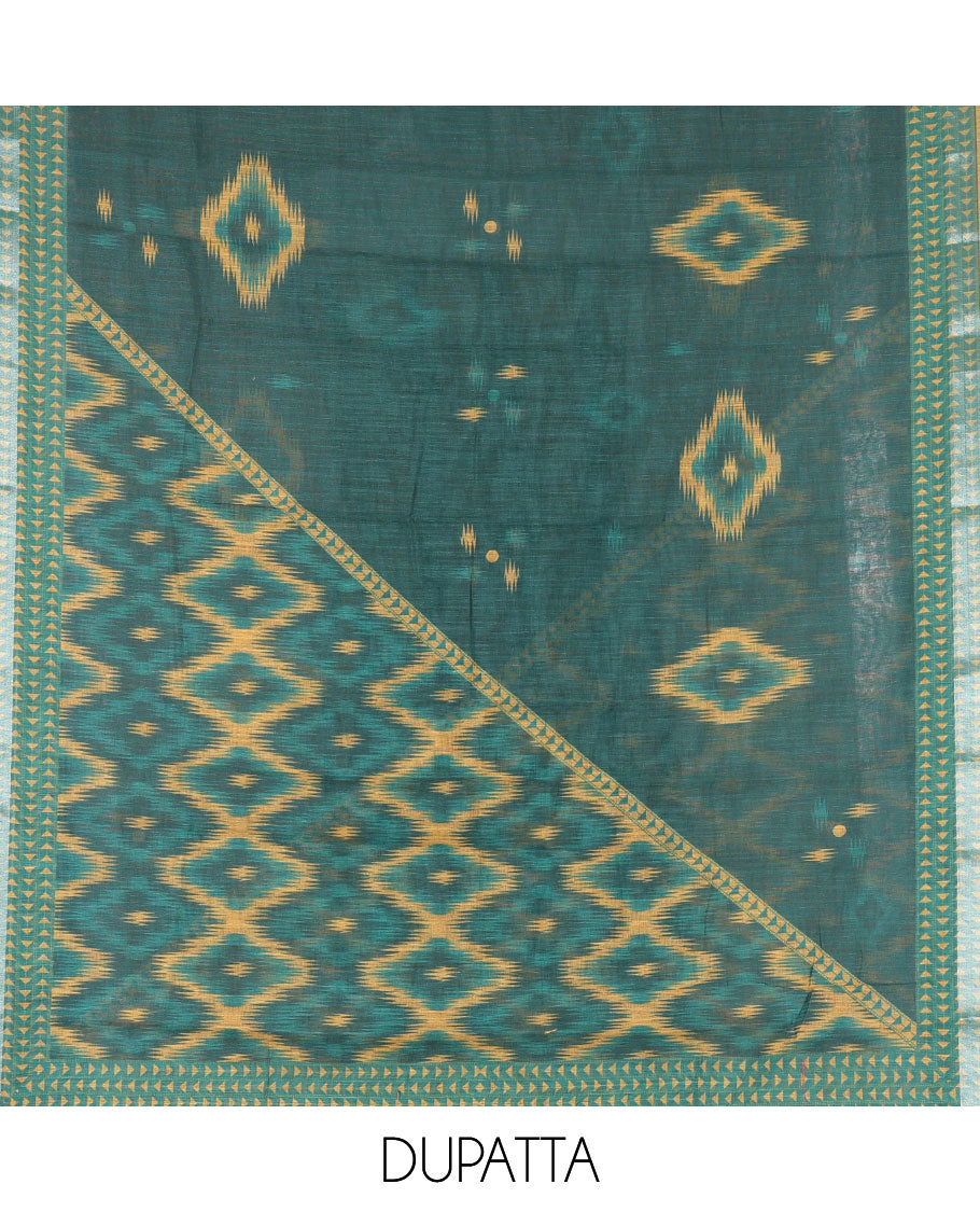 Mustard Vertican silk material chudidar set, vertical ikkat stripes, and kantha work top, contrast plain slub cotton bottom, and linen contrast ikkat printed zari border dupatta