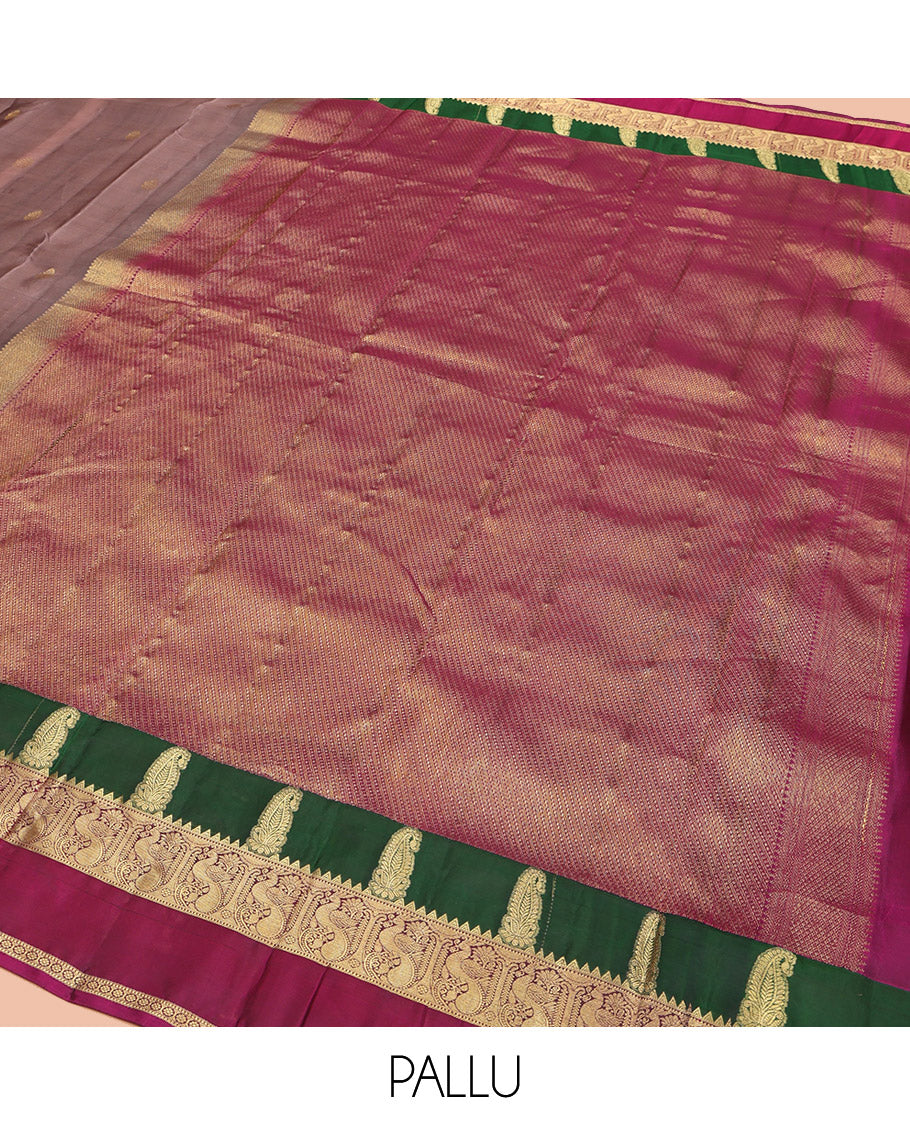 Brown Vasundhara Lite Silk Mix Saree, Graced with Zari Buttas All Over Its Body, Complemented by a Contrast Rettai Pettu Border of Manga, Rekku, Mayil, and Kamalam Designs, Grandly Woven Pallu, and Paired with a Contrast Blouse