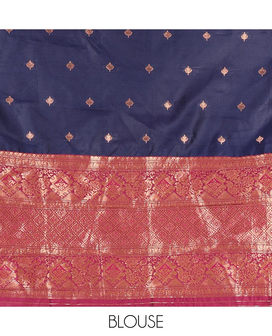 Navy blue taffeta silk half saree, zari buttas with contrast magenta traditional zari border skirt, matching zari design blouse, and contrast plain zari border syska georgette dhavani