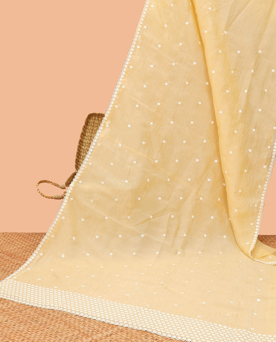 Light yellow floral thread embroidery tissue saree with floral scallop thread embroidery border