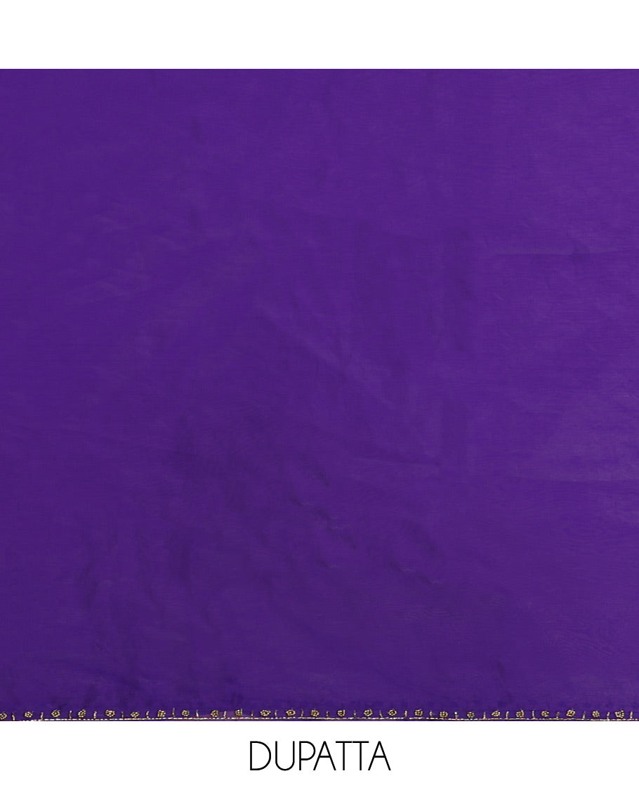 Dark purple moti handwork velvet organza chudidhar material top with american crepe pant & one side handwork dupatta