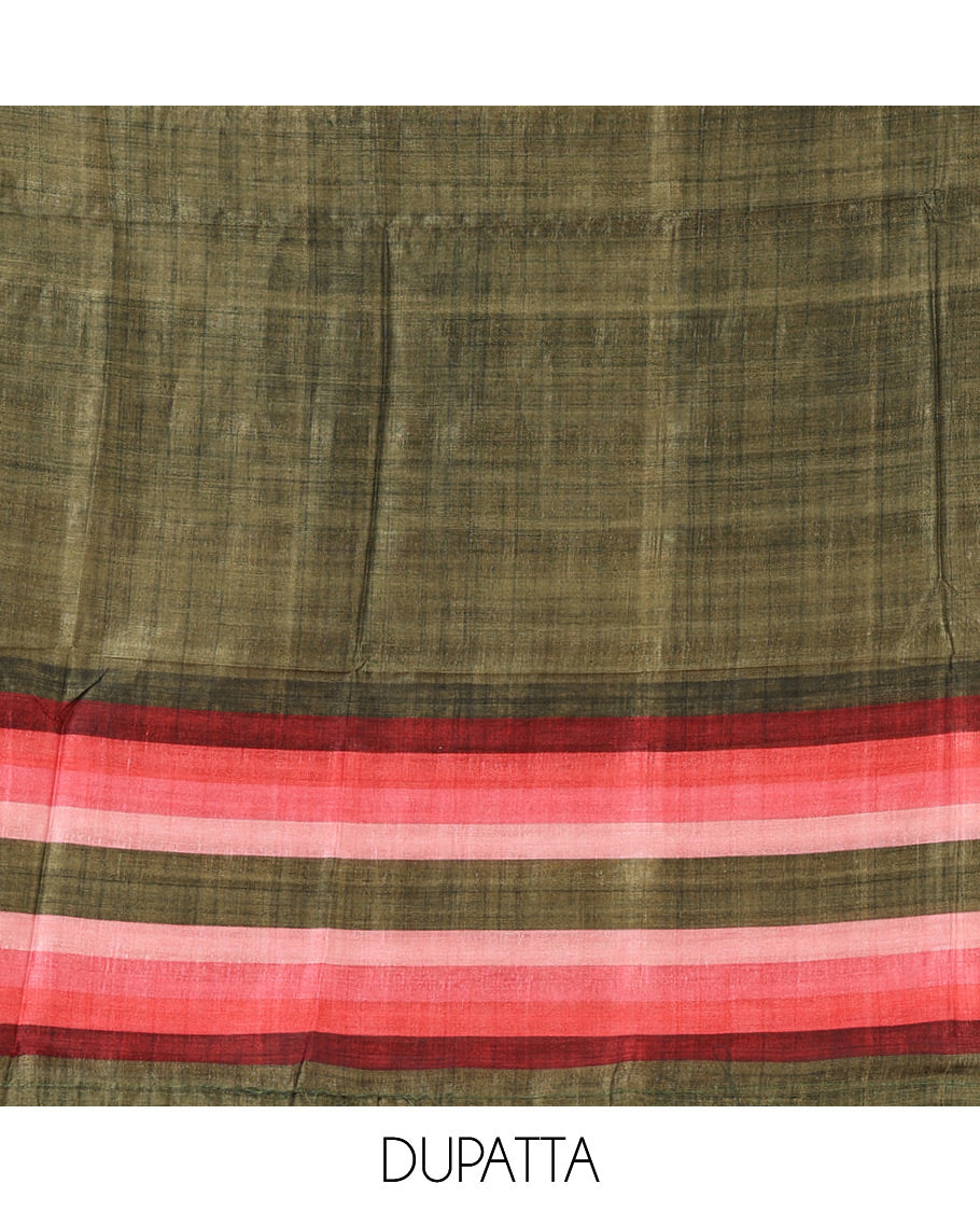Olive green material chudidar set, horizontal ombre striped semi-tussar top, plain santoon bottom & horizontal ombre striped dupatta with tassels