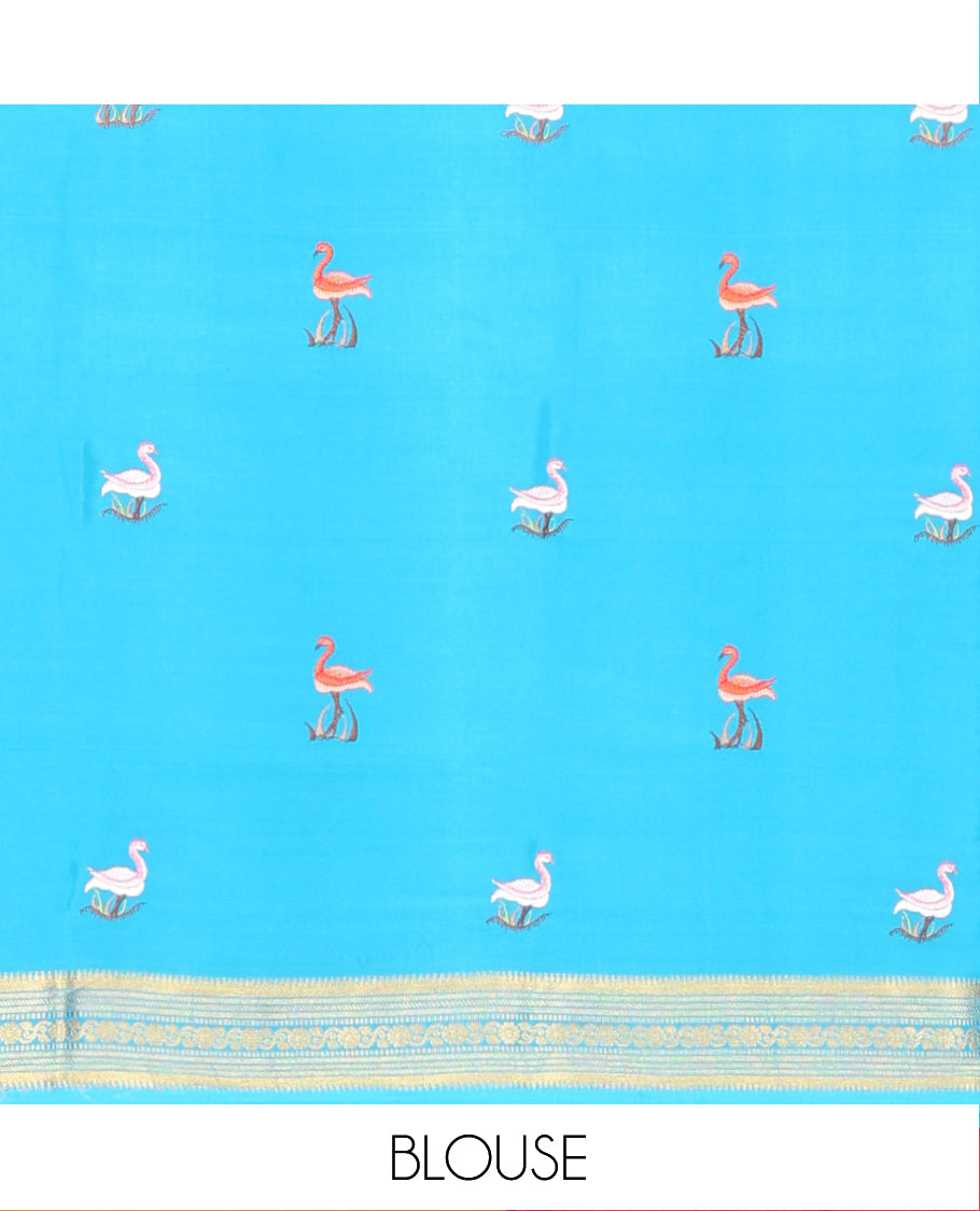 Pink Mysore Silk Saree, Gleamed up with Zari Checked Design on its Body, Complemented by Captivating Contrast Border of Traditional Zari Designs, Pallu of Tropical Flora and Flamingo Bird Designs, and Paired with a Contrast Blouse