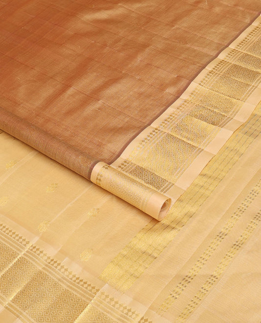 Light brown zari buttas Kanchipuram silk saree, contrast one-sided border of panner sombu,banaras & jaal & zari design pallu