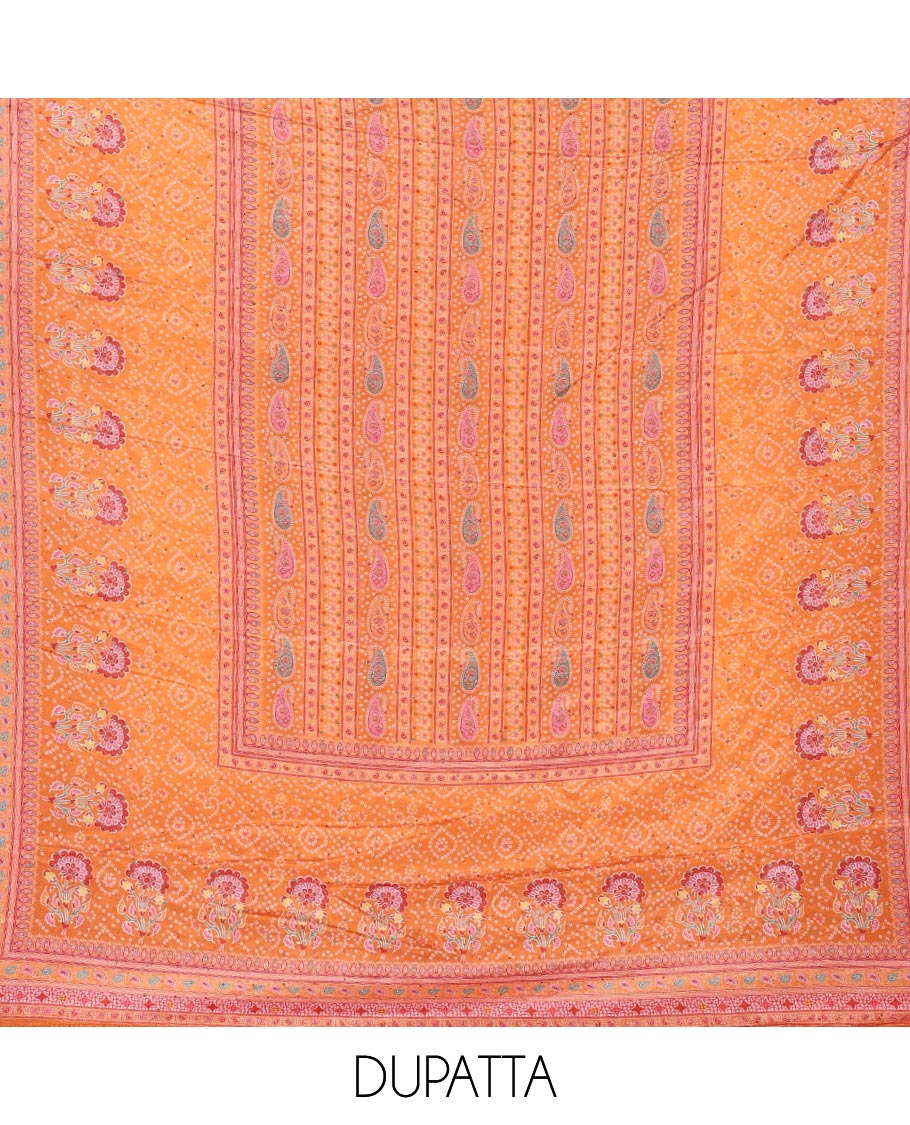 Orange bhandani print, floral design, swarovski work crepe chudidhar material top with american crepe pant & chinnon material bhandani print, swarovski work dupatta