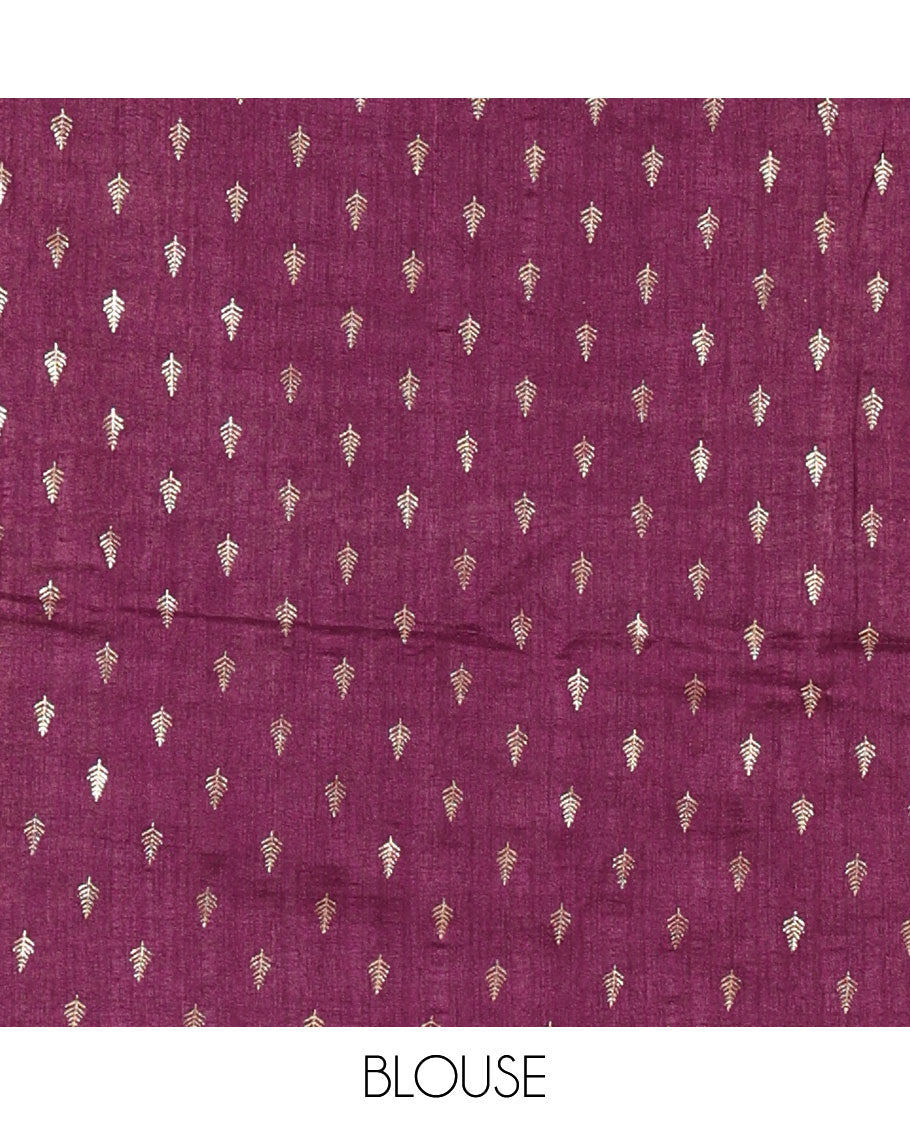 Cream-wine Vichitra half-saree, plain and contrast bordered skirt, contrast leaf buttas blouse, dhavani of buttas and floral creeper designs