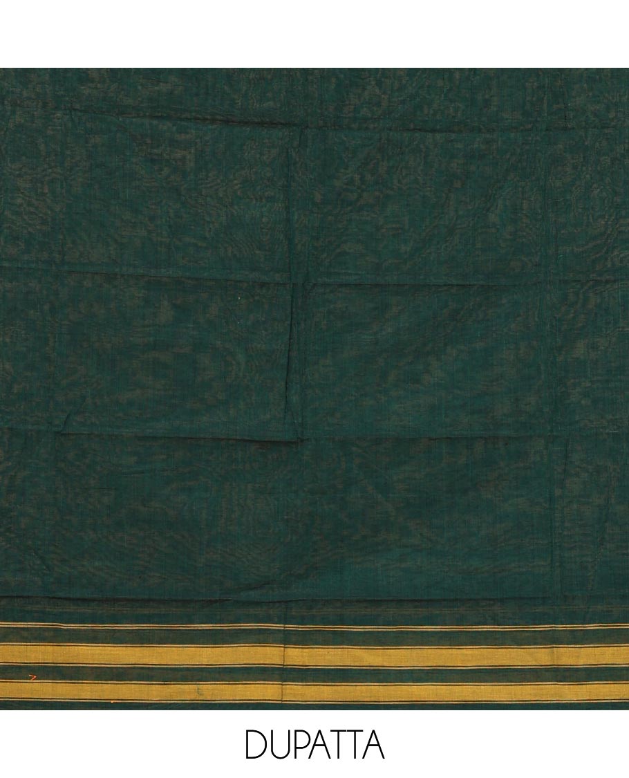 Green mercerized cotton material chudidar set,plain contrast traditional rudraksham border top,matching bottom & 2-sided rudraksham border dupatta