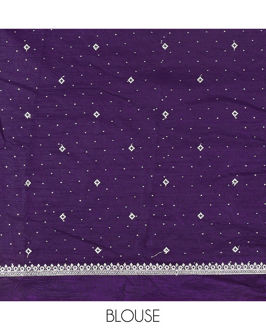 Violet half-saree, floral motifs embroidered semi raw silk top, matching embroidered blouse, and contrast scallop embroidered georgette dhavani