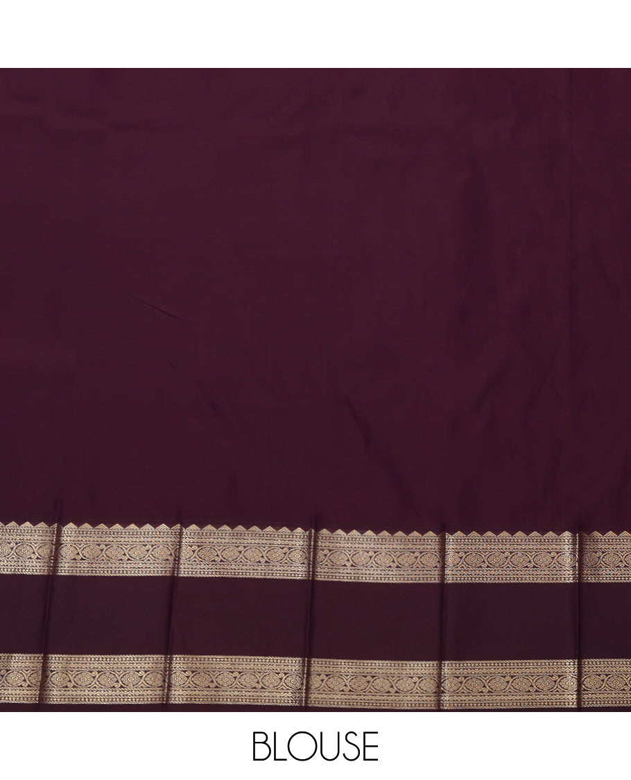 Lavender Budget Silk Saree, Detailed with Zari Buttas and Stripes, a Contrast Traditional Zari Rettai Pettu Border, Grand Pallu, and a Contrast Blouse