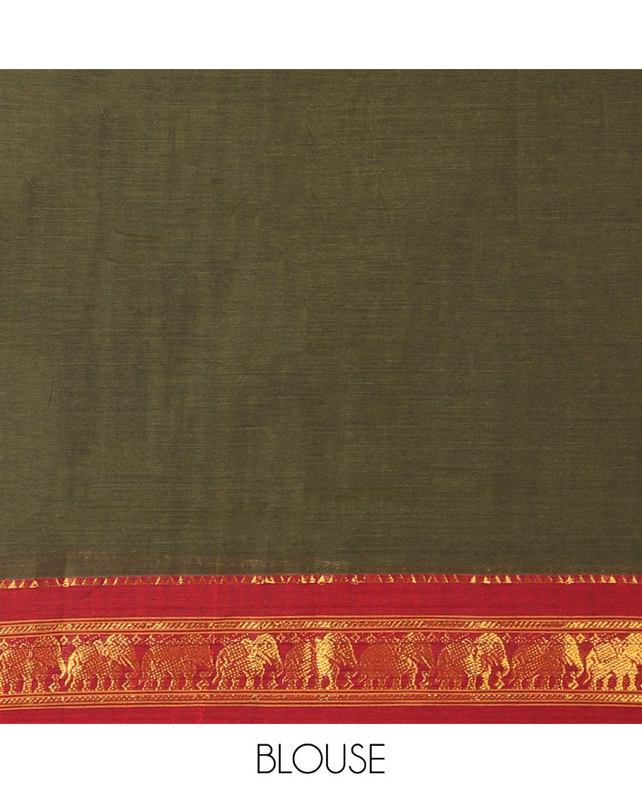 Mehendi green mercerised cotton daman zari border half saree with cotton blouse & skya georgette one side zari border dhavani