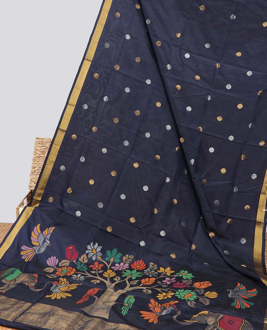 Black polka dot upadda silk saree with self zari border & floral, animal design pallu