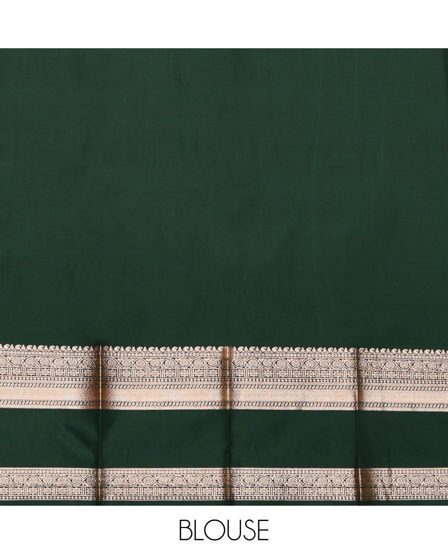 Orange Budget Silk Saree, Elevated with Zari Buttas, Complemented by a Contrast Traditional Zari Rettai Pettu Border, Grand Jaal Pallu, and a Contrast Blouse