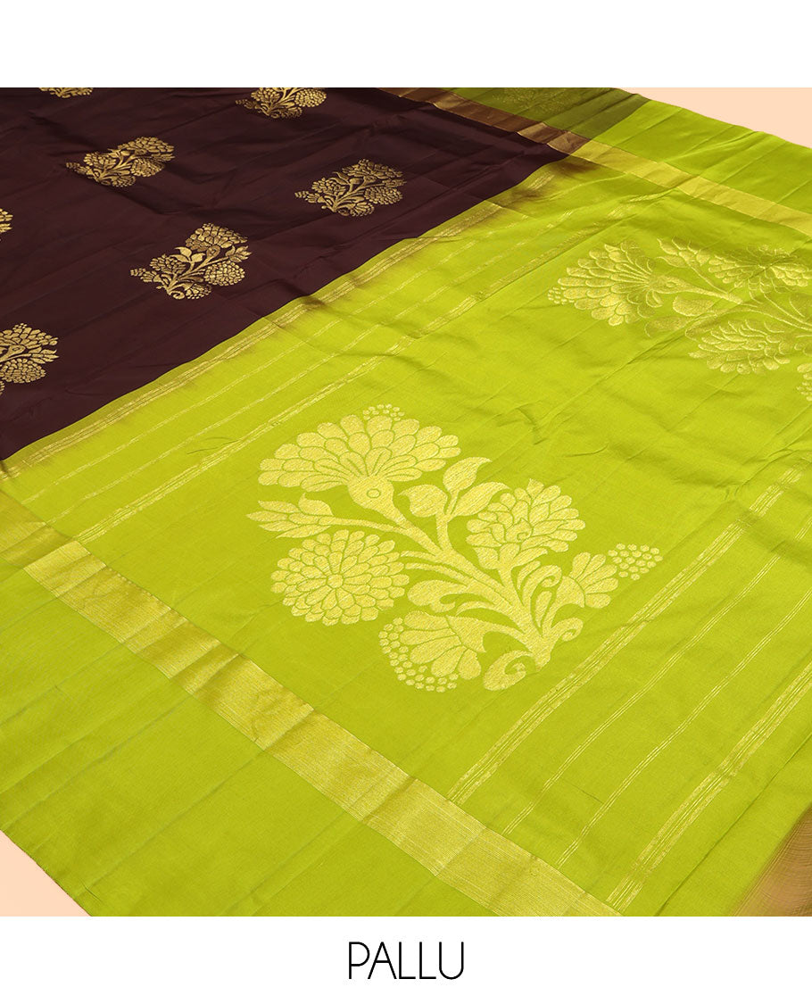 Brown Kanchipuram Silk Saree, Woven with Floral Zari Buttas, a Contrast Floral Zari Design Border, Floral Design Pallu, and a Contrast Blouse