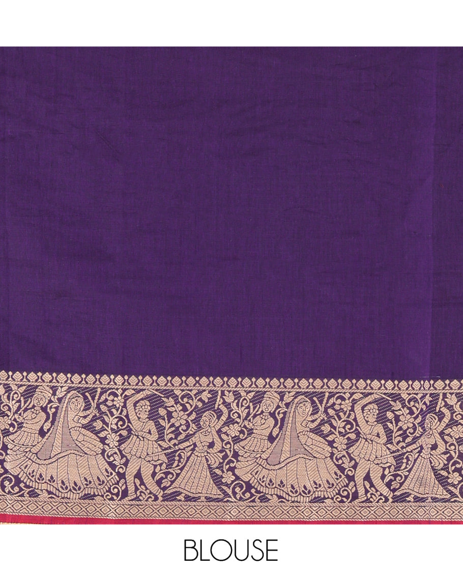 Violet Mercerised Cotton Half-Saree Features a Plain Skirt, a Bridegroom Motif Border, a Matching Blouse, a Contrast Dhavani