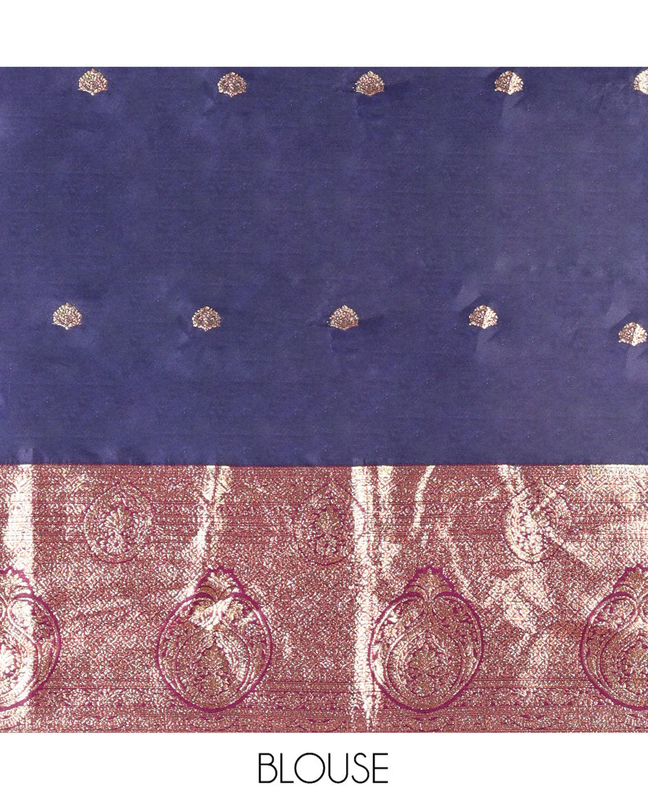 Blue and Purple Semi-Banarasi Half-Saree, Elevated with Zari Buttas on Its Skirt, Complemented by a Contrast Intricately Zari-Designed Border, Paired with a Matching Blouse, and a Contrast Satin Georgette Embroidered Scallop Dhavani