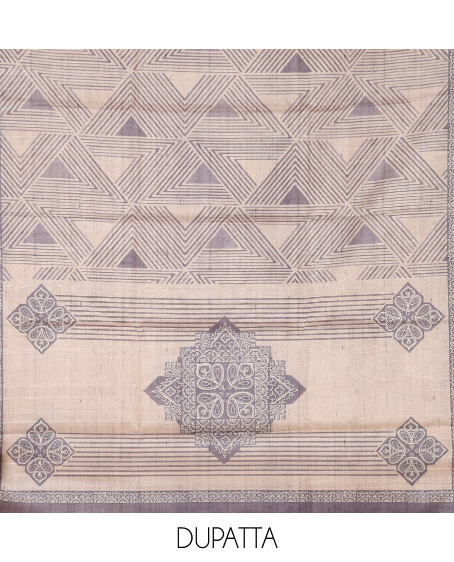 Grey semi-tussar material chudidar set, triangle printed top, heathered bottom & dupatta of triangle & four-petal floral print
