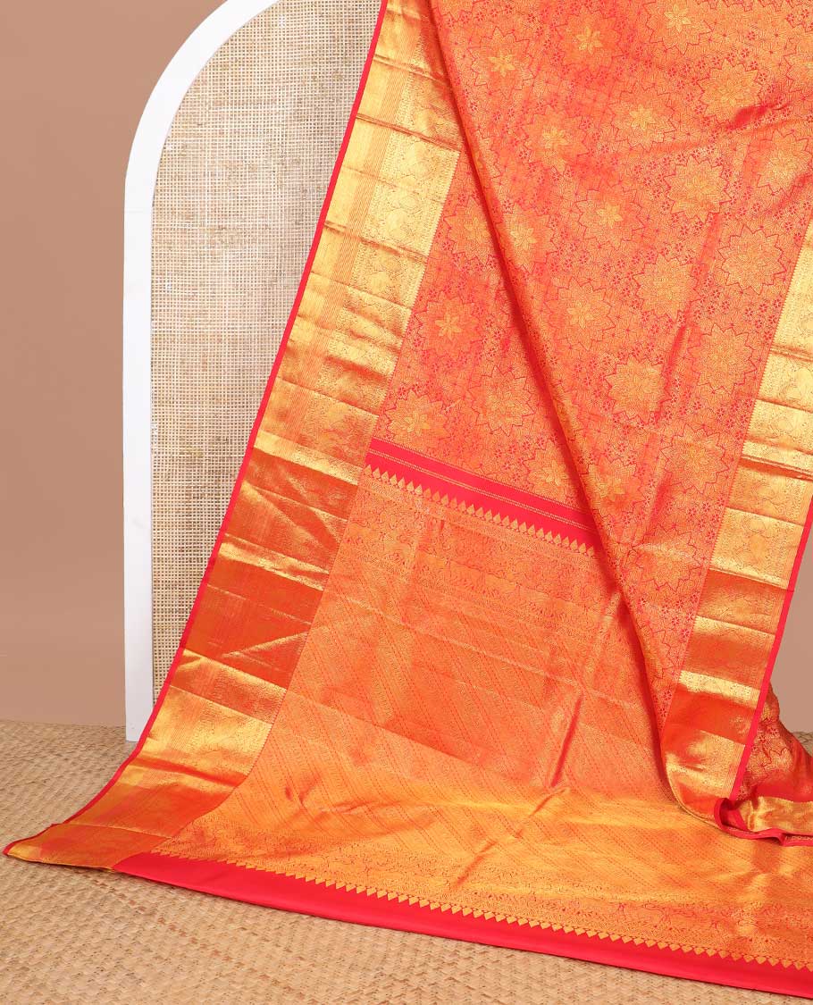 Red floral jacquard silk saree with contrast intricate zari design border & intricate floral design pallu