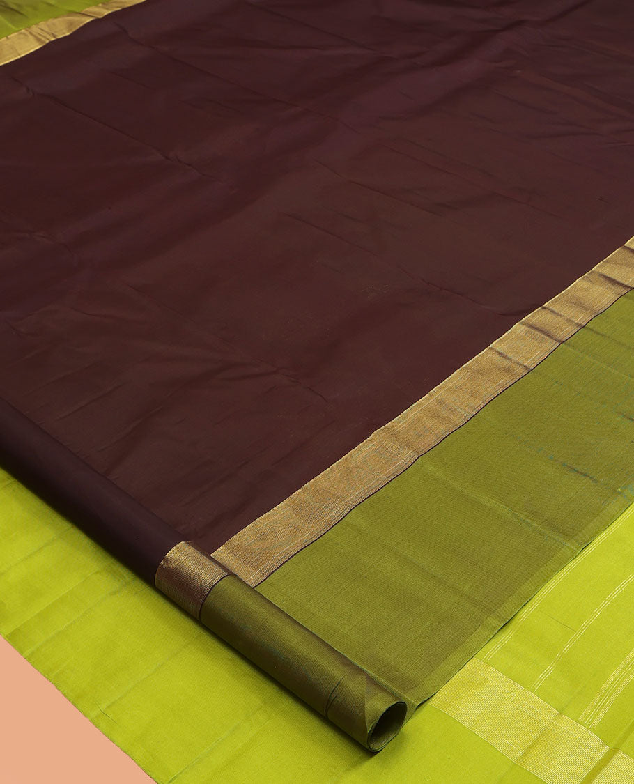 Brown Kanchipuram Silk Saree, Woven with Floral Zari Buttas, a Contrast Floral Zari Design Border, Floral Design Pallu, and a Contrast Blouse