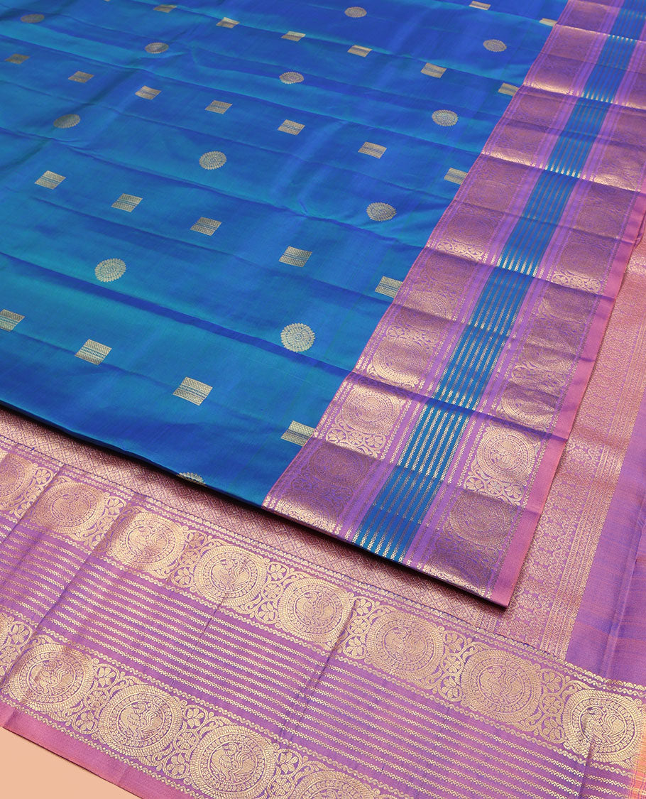 Blue Vasundhara Silk Saree, Enthralled with Zari Buttas All Over Its Body, Complemented by a Contrast Border of Neli, and Round Chakram Designs, Grand Jaal Pallu, and Paired with a Contrast Blouse