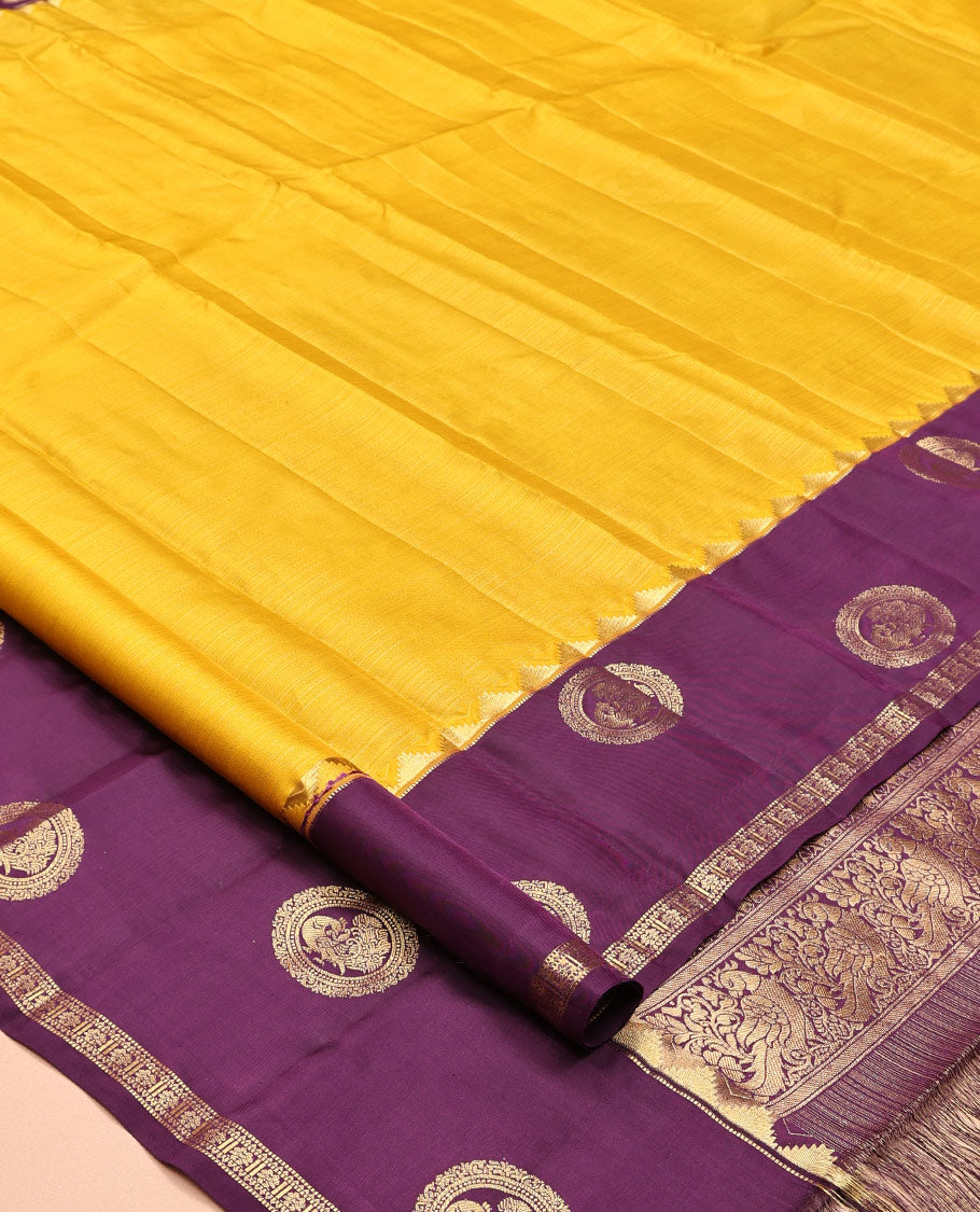 Yellow Vasundhara Lite Silk Mix Saree, a Contrast Border of Thazampoo Rekku, Muthu, Round Mayil, and Kamalam Designs, Grand Pallu, and a Contrast Blouse