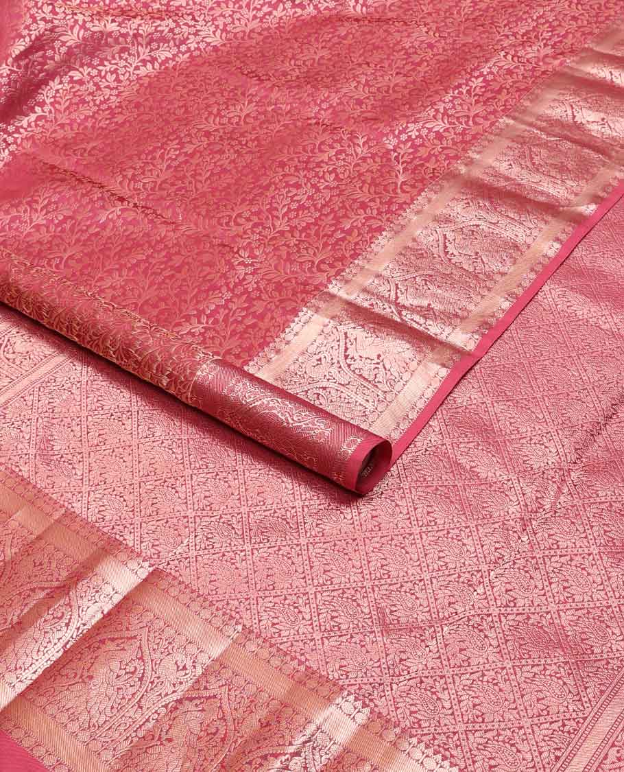 Red jacquard kancheepuram silk saree with self border of rekku, banaras, paun, muthu design & zari design pallu