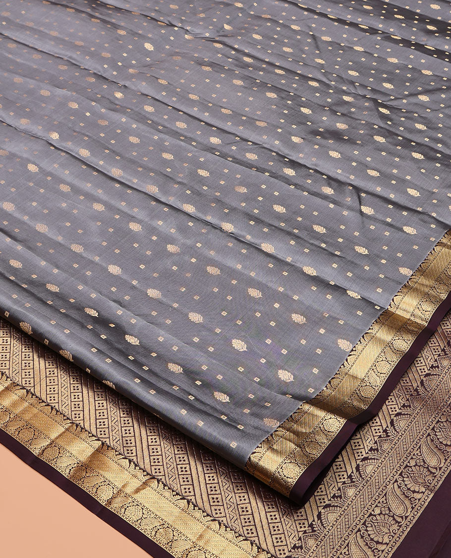 Grey Vasundhara Silk Saree, Subtly Sparkled with Zari Buttas, Contrast Traditional Zari Border, Geometric Pallu, and a Contrast Blouse