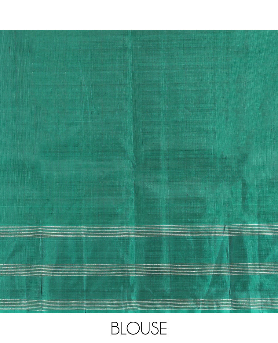 Peach Kanchipuram Silk Saree, Sparsely Sparkled with Buttas, Contrast Uniquely Designed Border, Chevron Striped Pallu, and a Contrast Blouse