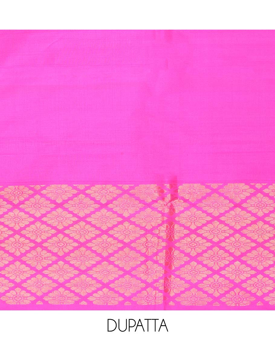 Yellow checked pure silk half saree with contrast zari design border, zari design blouse & floral zari design dhavani