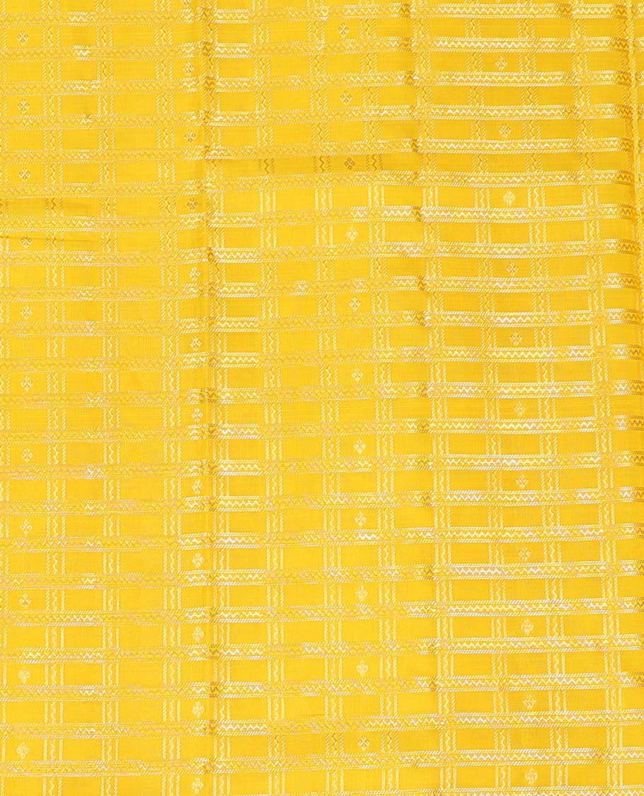 Yellow checked pure silk half saree with contrast zari design border, zari design blouse & floral zari design dhavani