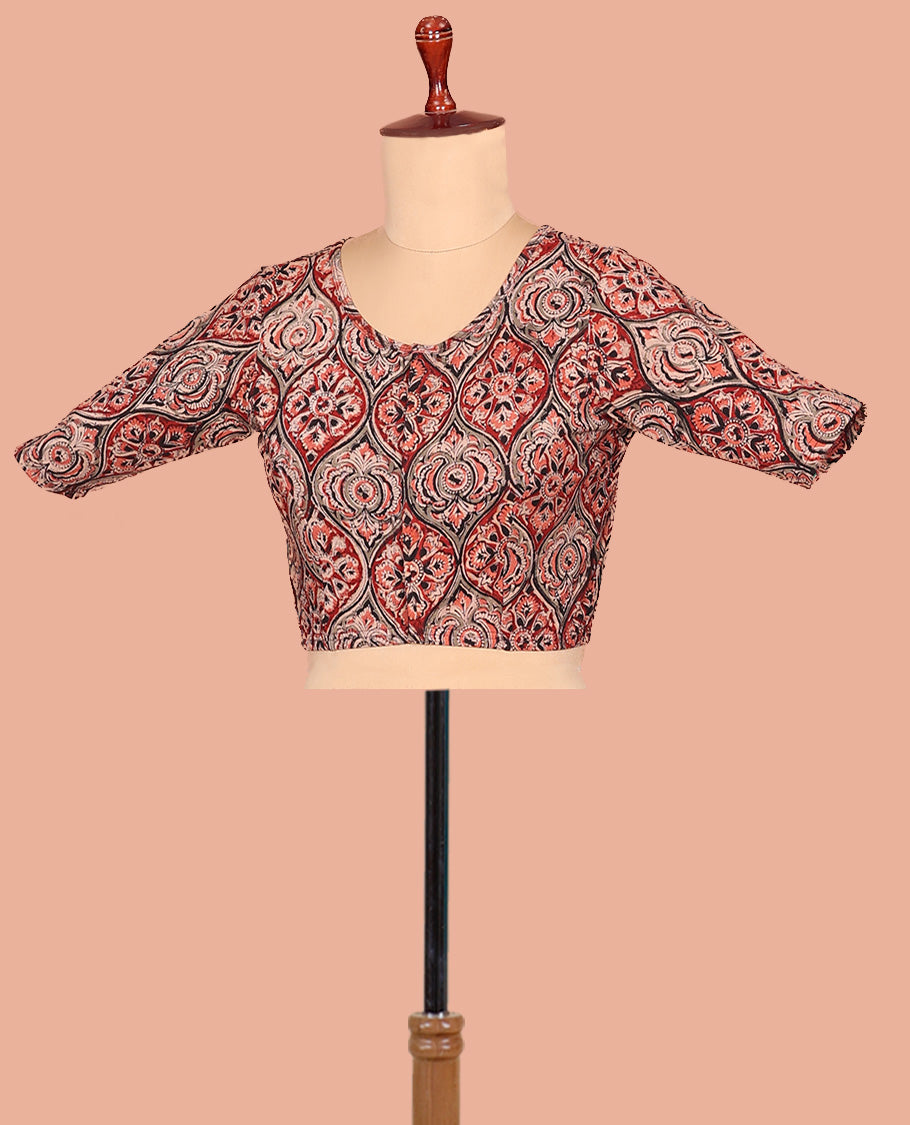 Light Red Cotton Readymade Blouse Decked Up with All-Over Ogee Patterns Print, Featuring a Front Round-Neck, a Closed Back Neck, and Elbow Sleeves