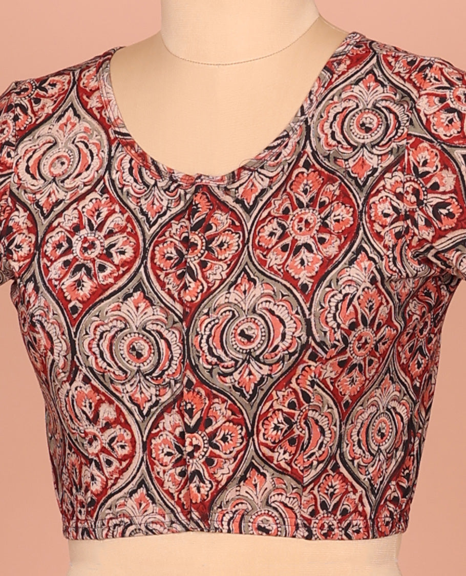 Light Red Cotton Readymade Blouse Decked Up with All-Over Ogee Patterns Print, Featuring a Front Round-Neck, a Closed Back Neck, and Elbow Sleeves