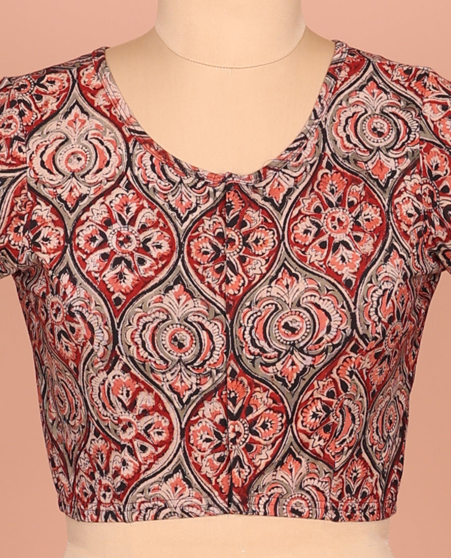 Light Red Cotton Readymade Blouse Decked Up with All-Over Ogee Patterns Print, Featuring a Front Round-Neck, a Closed Back Neck, and Elbow Sleeves