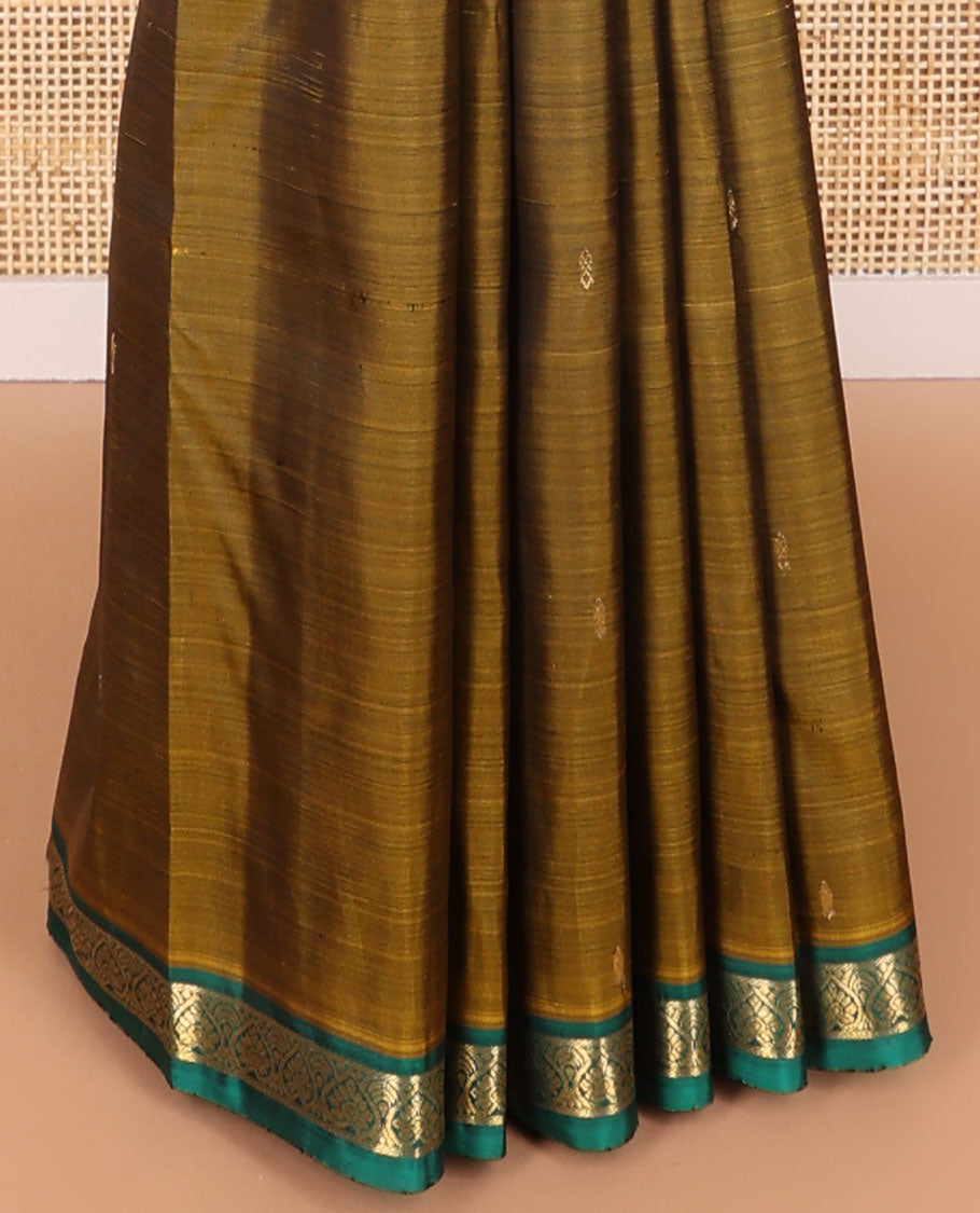 Brown buttas kancheepuram silk saree with contrast floral design border & jaal design pallu