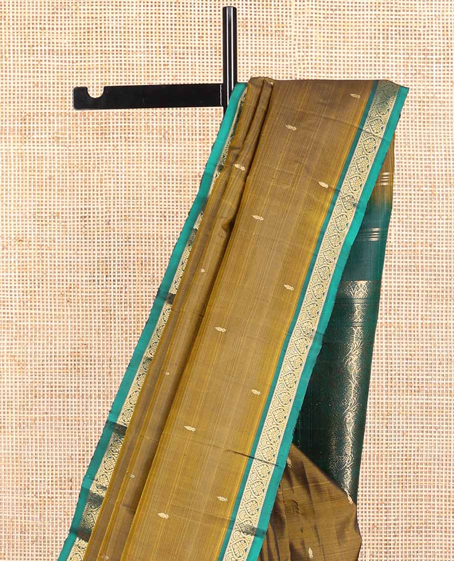Brown buttas kancheepuram silk saree with contrast floral design border & jaal design pallu