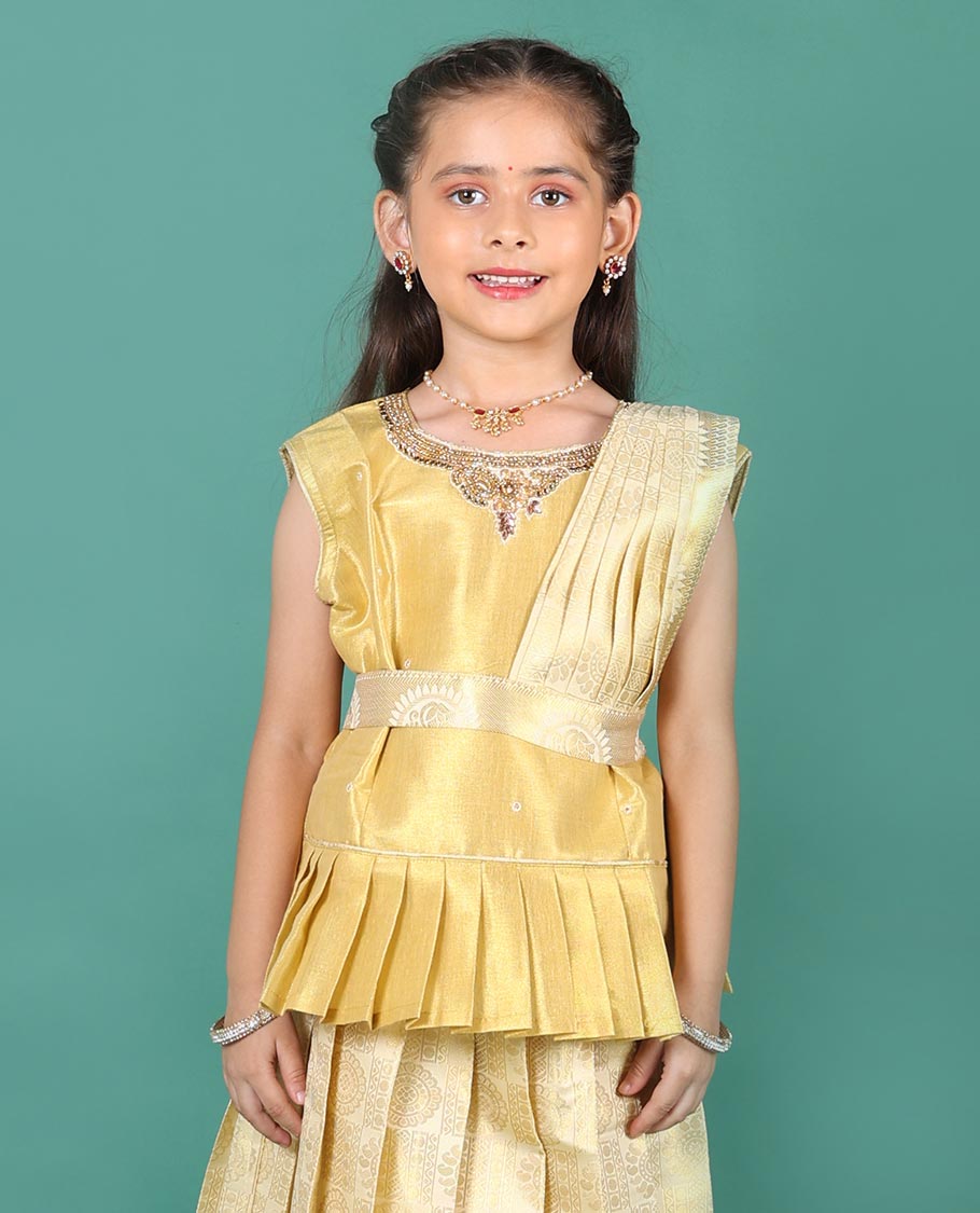 Cream art silk pavadai readymade set, golden zari chakram jacquard with traditional zari border skirt, embroidered sleeveless blouse, and detachable dupatta