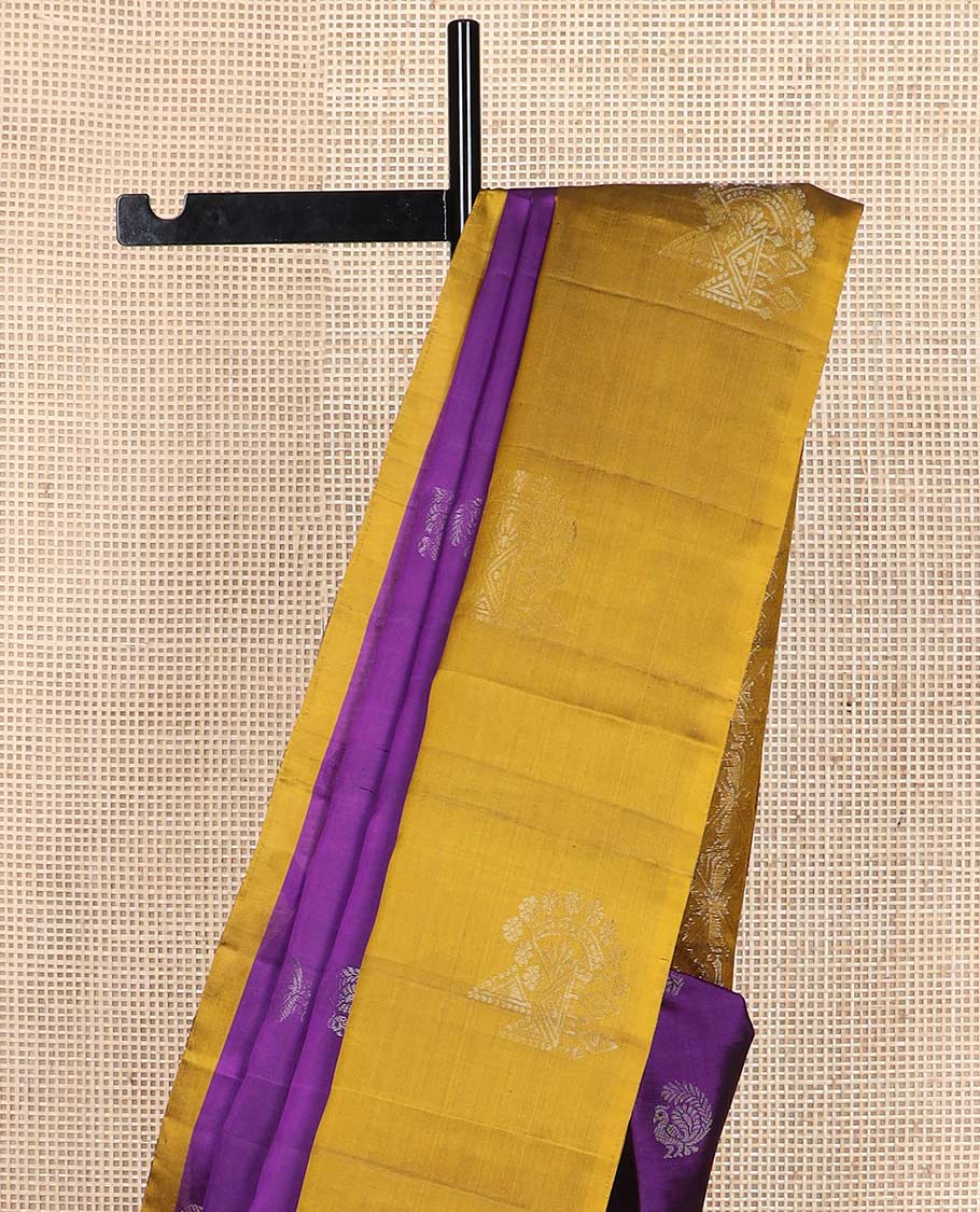 Purple Annam chakram buttas silk mix saree, contrast zari buttas border & pallu of kodi visiry & jaal designs