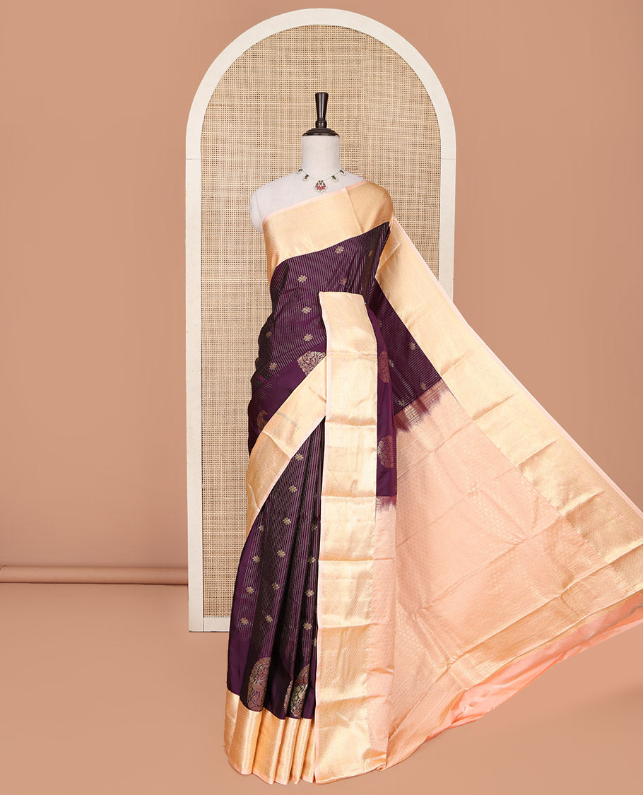 Purple Budget Silk Saree, Highlighted with Zari Buttas and Zari Stripes All Over Its Body, Complemented by a Contrast Traditional Zari Design Border, Subtly Sparkled Pallu, and Paired with a Contrast Blouse